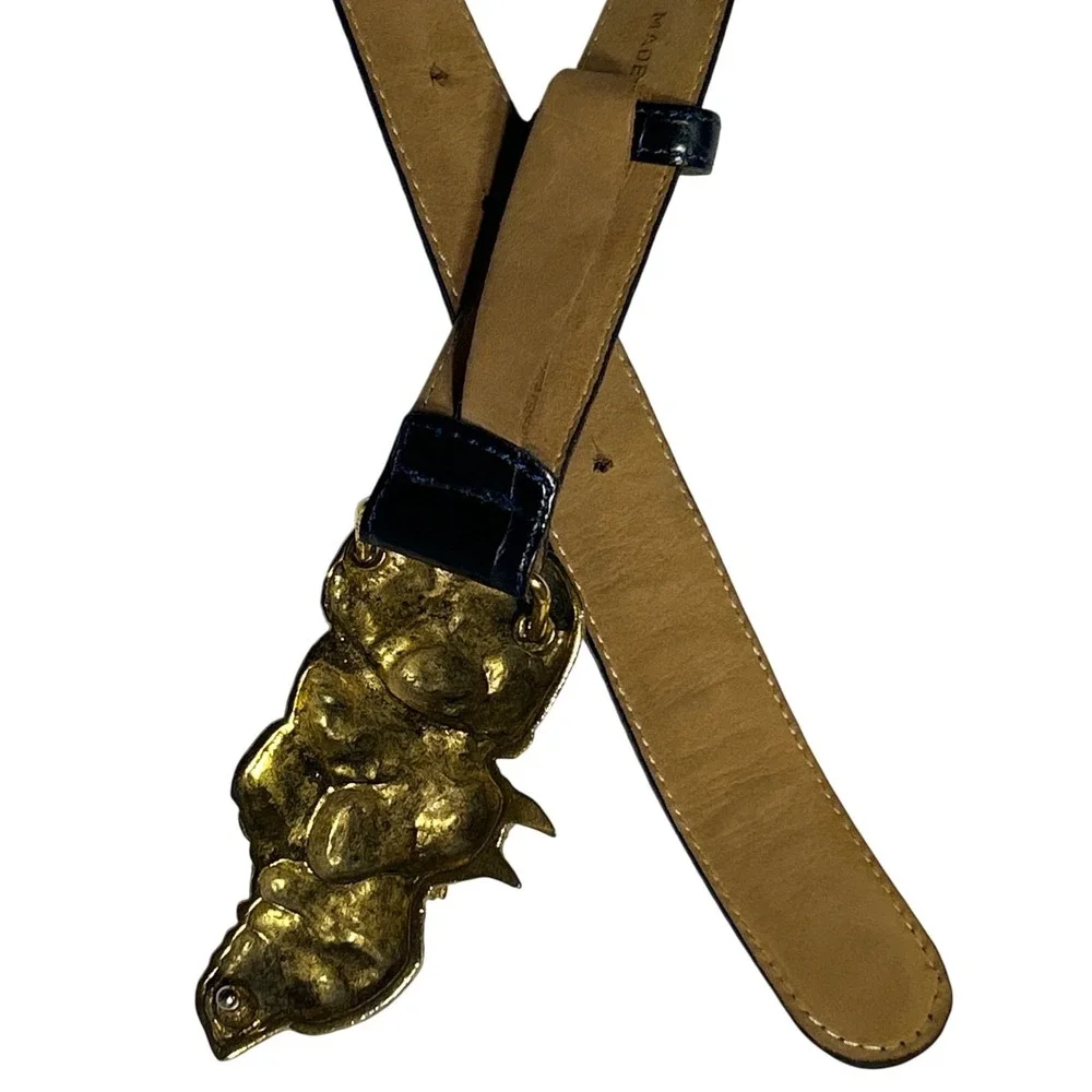 Worth New York Gold‎ Dog Buckle Black Croc Embossed Leather Belt  Size P 29